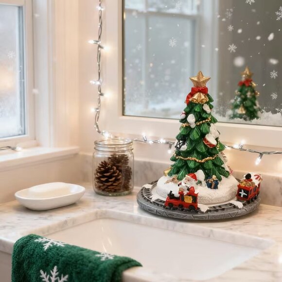 Rotating Musical Christmas Tree Figurine Resin Holiday Decoration w Santa Train - Picture 2 of 4